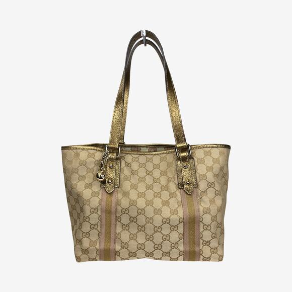 Gucci GG Canvas Gold Leather Trim Tote 137396 002404 with Charm & Cards - Picture 1 of 15